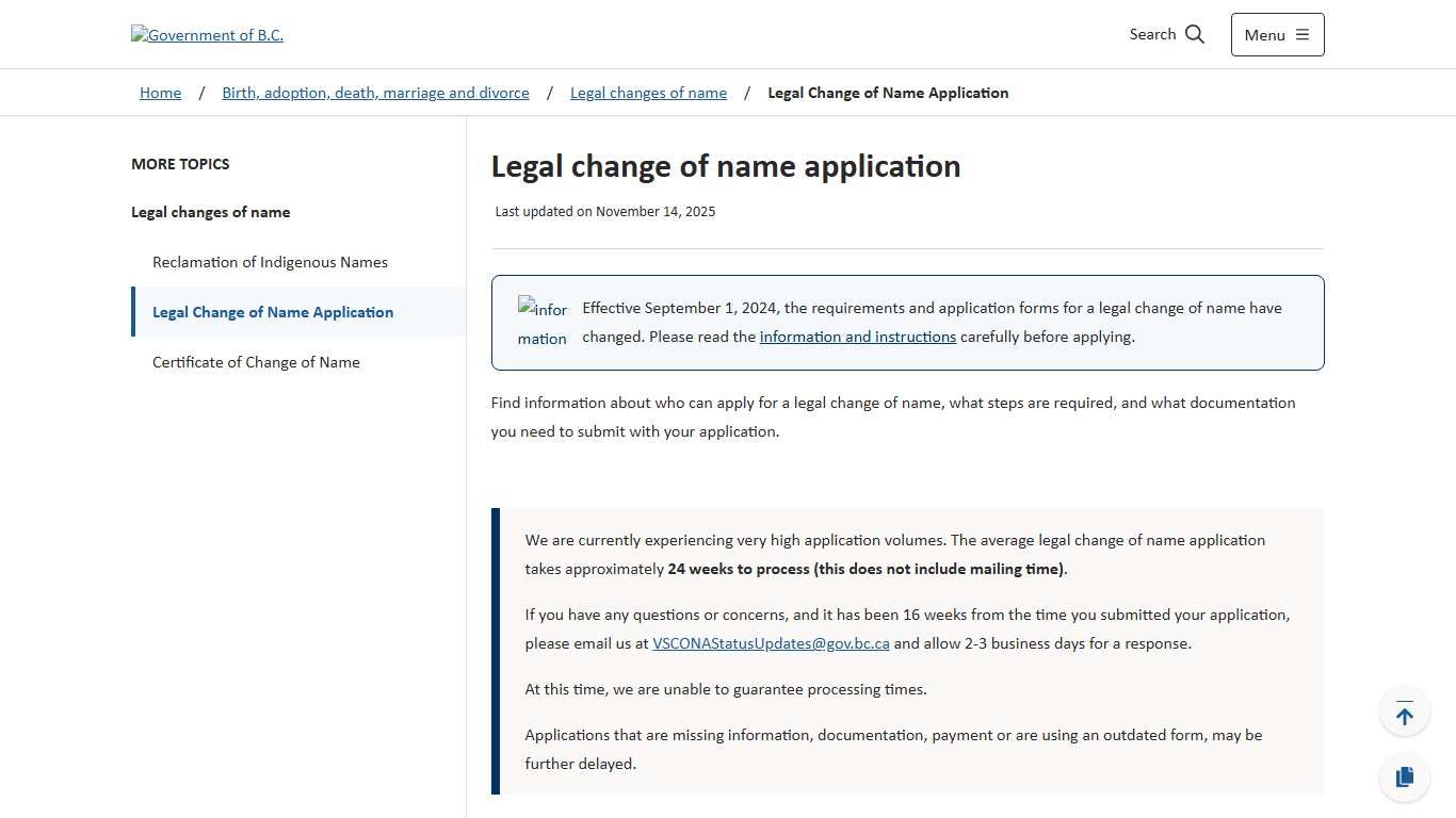 Legal change of name application - Province of British Columbia